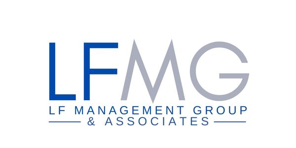 Logo of LF Management Group &amp; Associates with modern blue and gray typography.