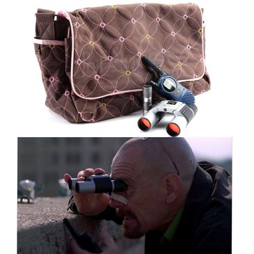 A portable binoculars kit and a scene of a man using binoculars to observe.