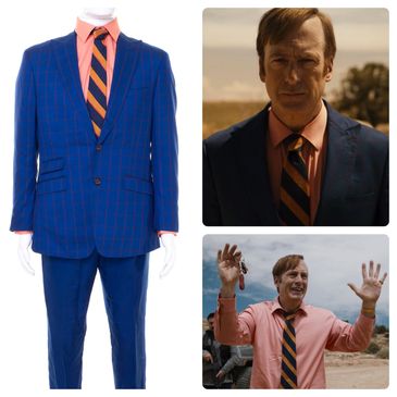 Blue suit with pink shirt and striped tie worn by a man in two photos.
