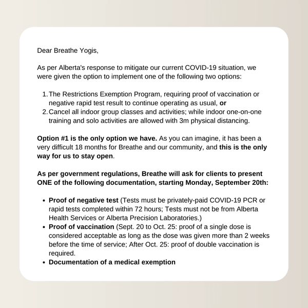 Notice about COVID-19 safety options and documentation requirements for Breathe Yogis.