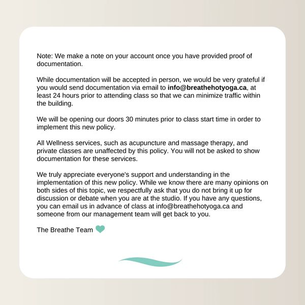 Announcement on new policy and documentation requirements at Breathe Hot Yoga.