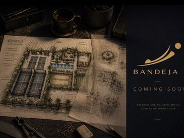 Architectural blueprint and promotional poster for Bandeja restaurant opening soon.
