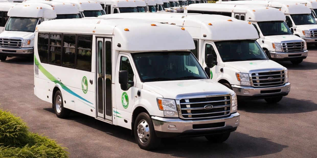 Electric shuttle buses on dealership lot.