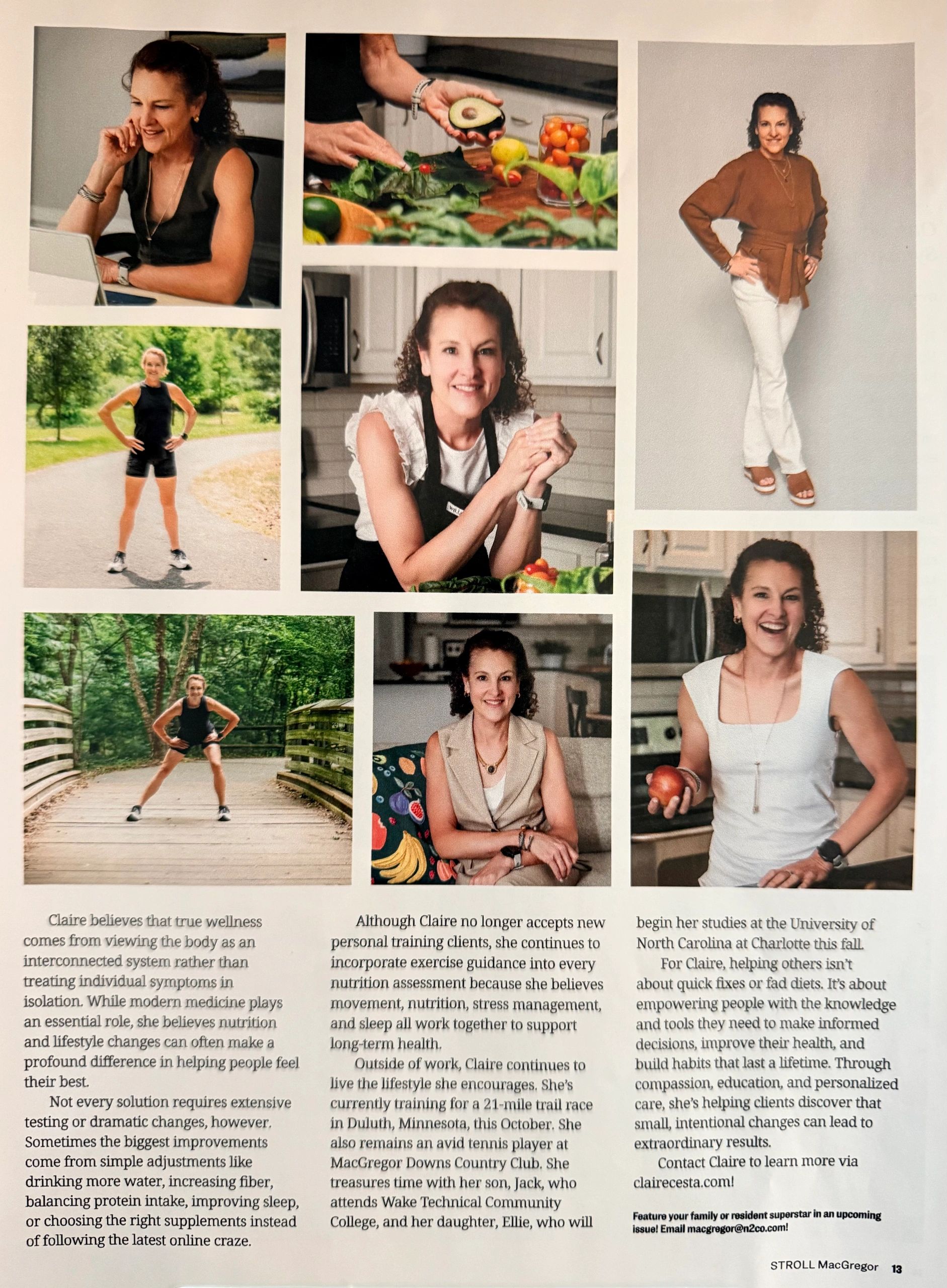 Collage of a woman named Claire engaged in wellness activities and smiling.
