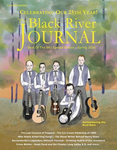 Illustrated cover of The Black River Journal celebrating its 25th year with a group portrait of five men and their guitars.