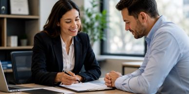 Two professionals discussing documents in a modern office setting.