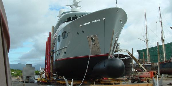Out of water survey inspection on the slipway, luxury super yacht during ABS Class survey inspection