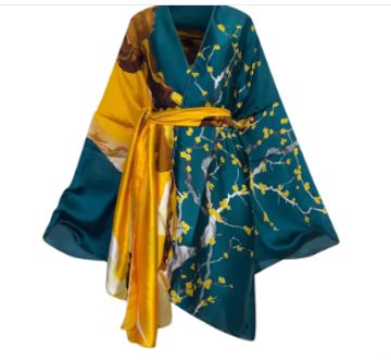 Short green and gold printed kimono