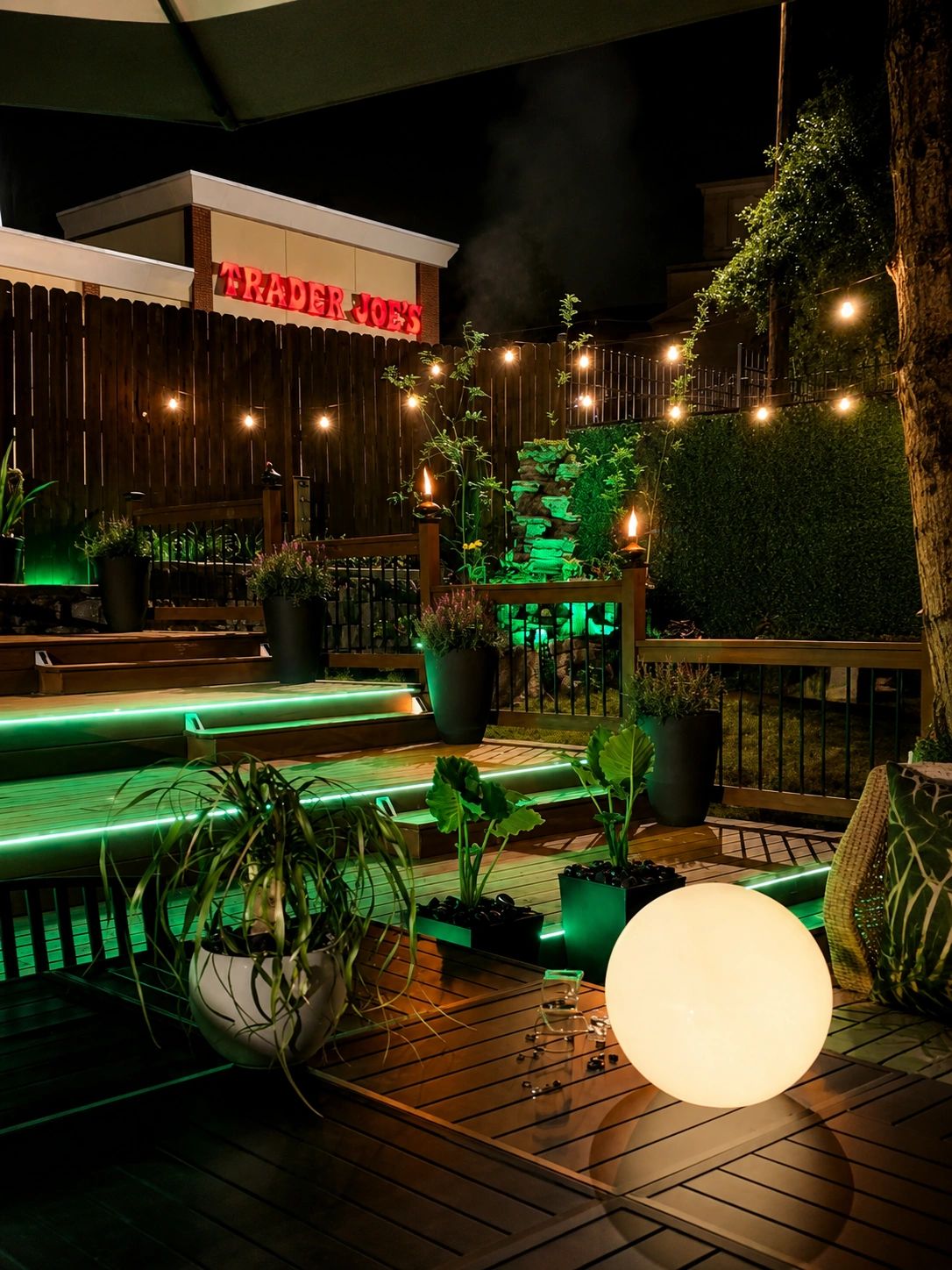 Night view of a stylish backyard patio with glowing lights and plants.