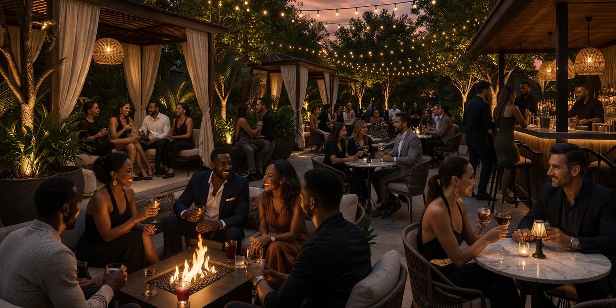 Elegant outdoor evening party with groups enjoying drinks around fire pits and under string lights.