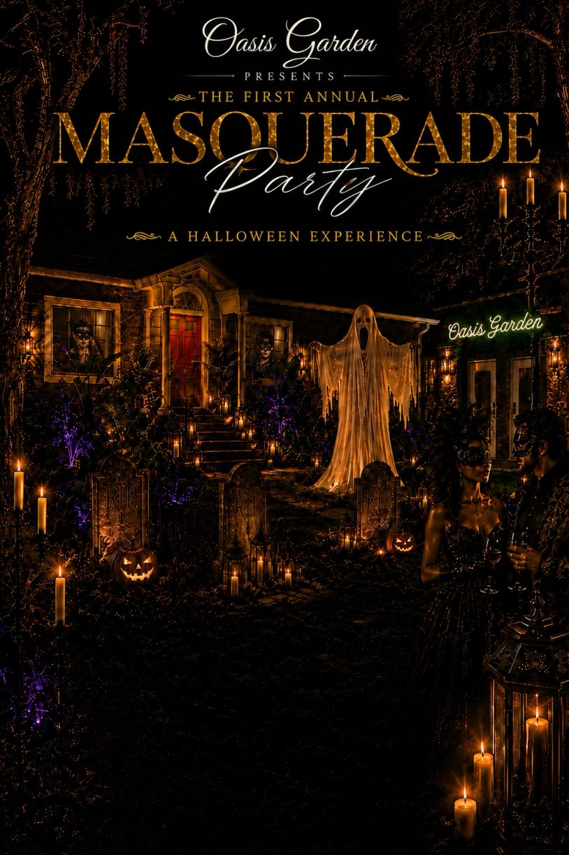 Halloween Masquerade Party poster with spooky decorations and masked couple.