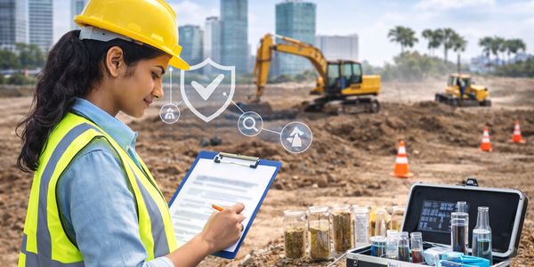 Female engineer in safety gear inspecting soil samples at a construction site.