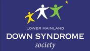 Lower Mainland Down Syndrome Society white lettering on a blue background, 3 abstract people dance