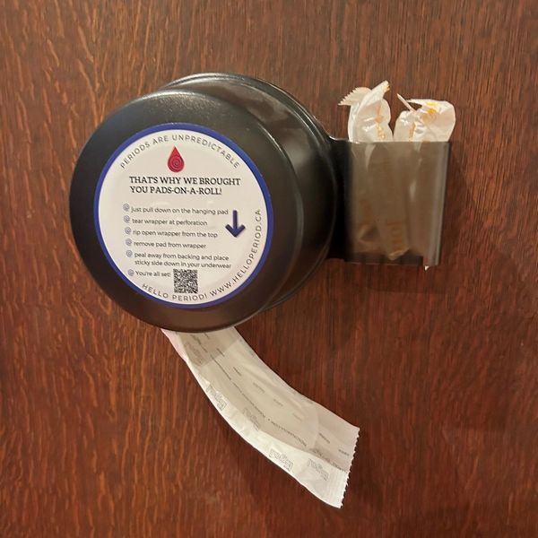 Pads-on-a-Roll dispenser fixed onto a wood wall, Pads and tampons visible in holder