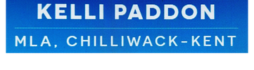 White lettering in all caps 'Kelli Paddon, MLA, Chilliwack-Kent' on a blue rectangular background