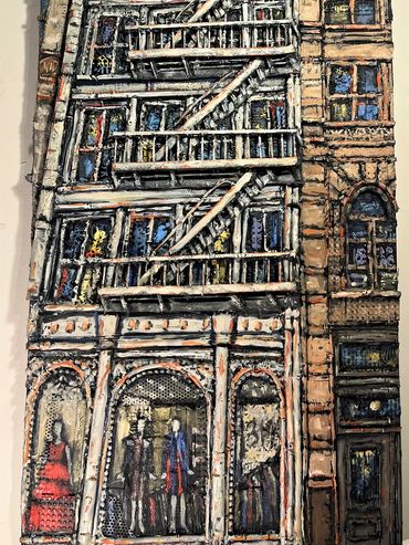 "Arches on Broome St., NYC" is an original mixed media and oil painting of NYC on board by Eleanor V