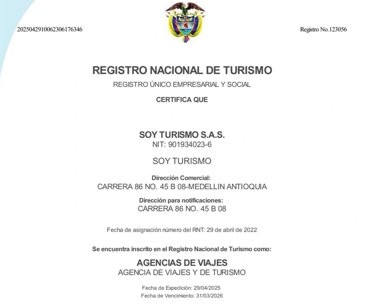 Certificado del Registro Nacional de Turismo para SOY TURISMO S.A.S. en Medellín.