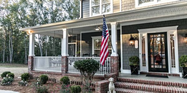 Suburban home with flag 
