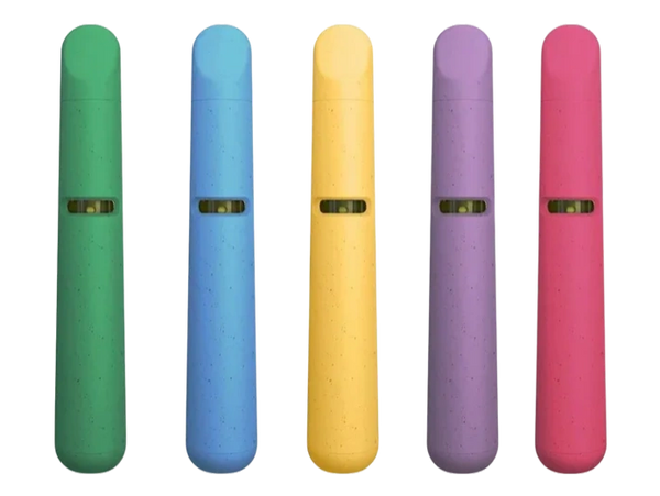 A colorful variety of eco-friendly disposable cannabis vape hardware devices on a white background.