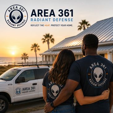 Couple wearing Area 361 shirts beside Area 361 branded truck at sunset.