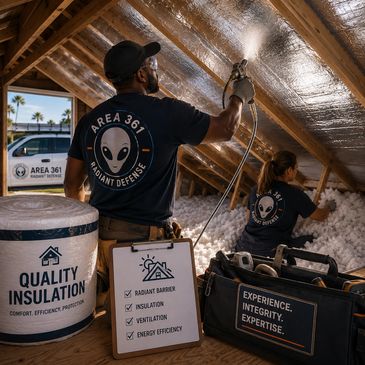 Workers installing radiant barrier insulation in an attic.