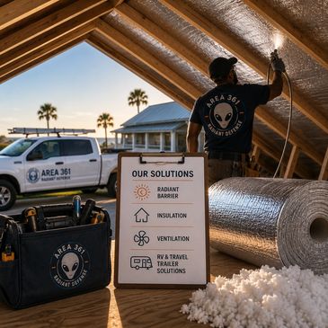 Worker installing radiant barrier insulation in attic.