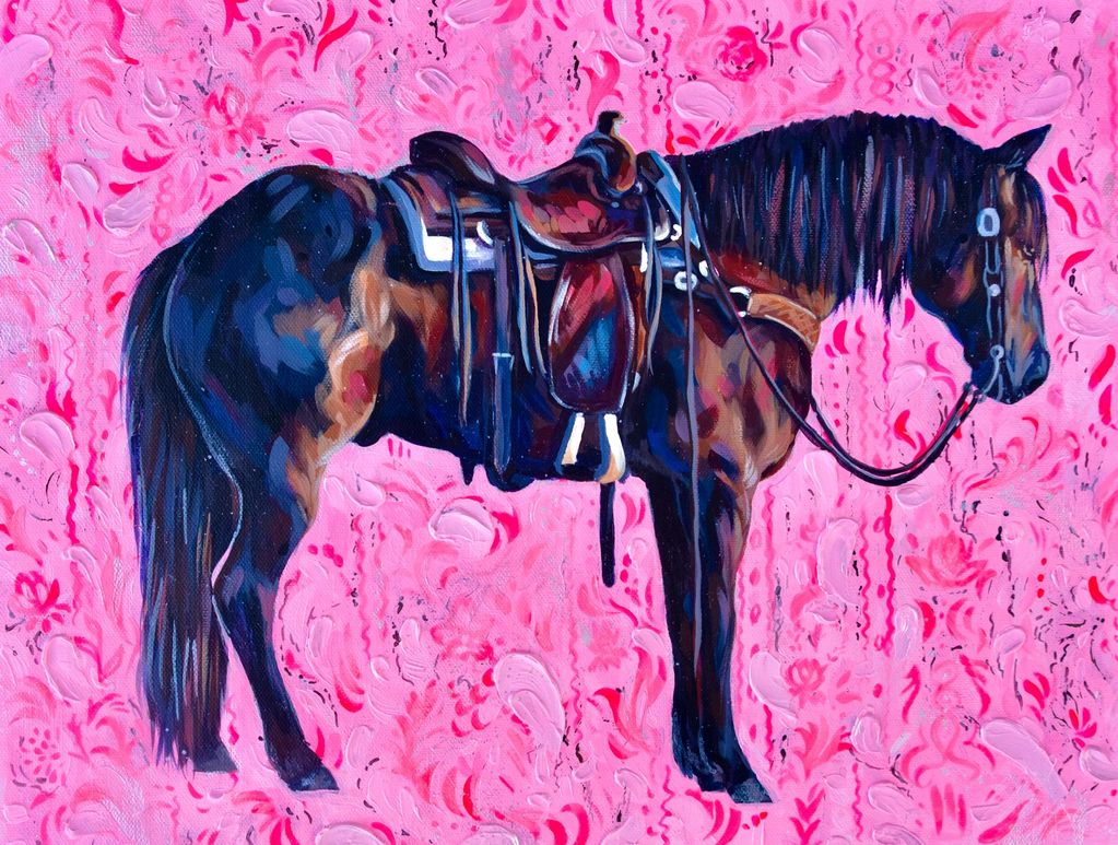 Bay horse against pink background