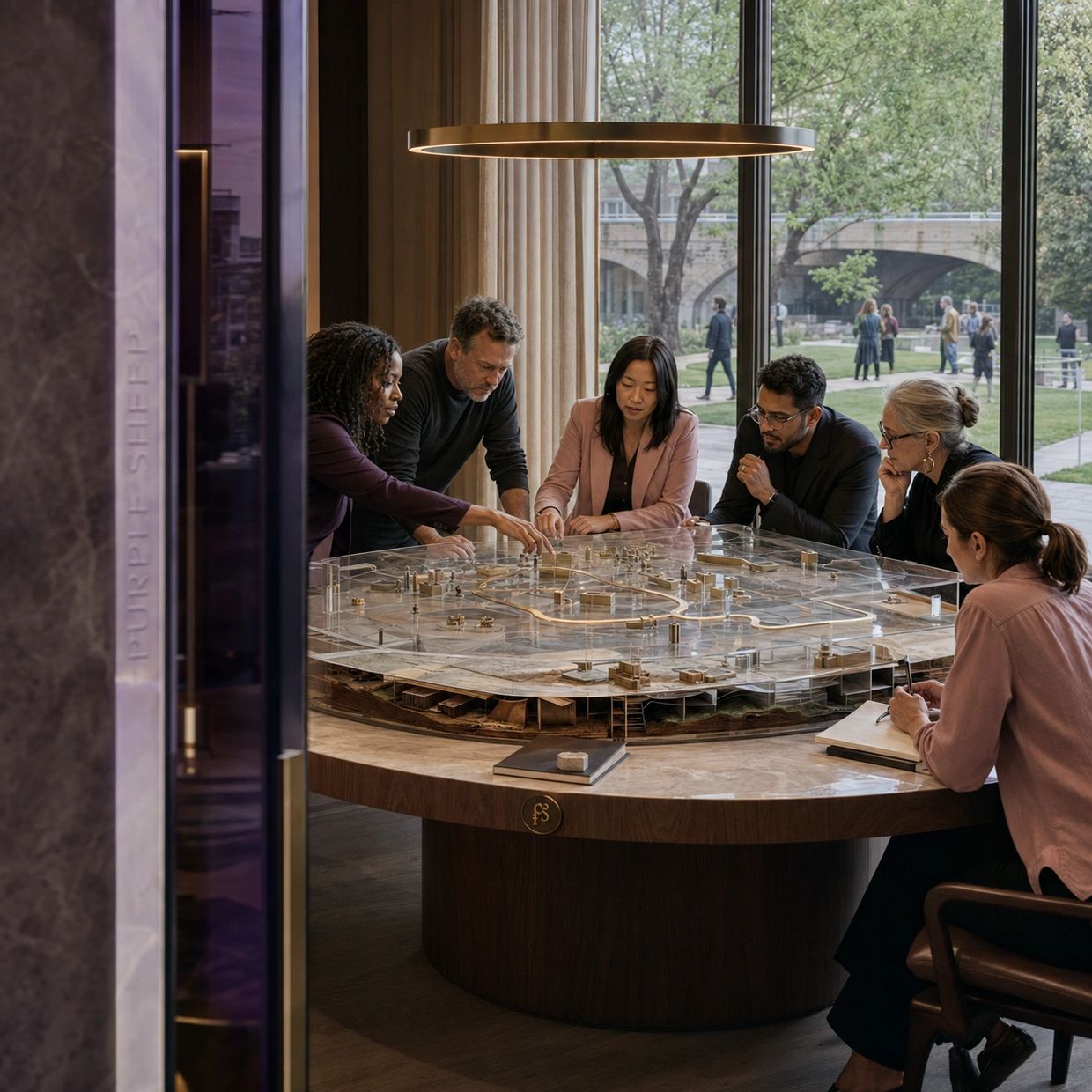 Group studying a detailed architectural model at a round table.