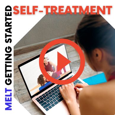 Person watching a self-treatment video on a laptop with an overlay play button.