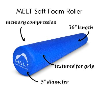 Blue MELT Soft Foam Roller with memory compression and textured grip.