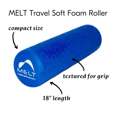 Blue MELT Travel Soft Foam Roller with textured grip and compact size.