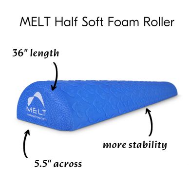 Blue MELT Half Soft Foam Roller with dimensions and stability features.