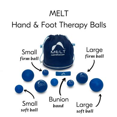 Therapy balls and bunion band for hand and foot care by MELT.