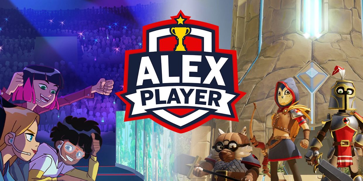 Alex Player gaming logo with animated characters and esports audience.