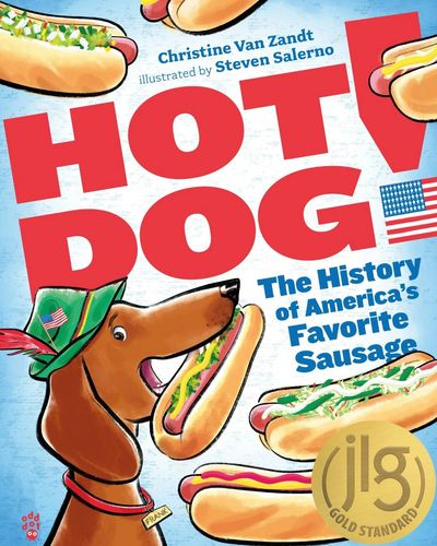 Book cover titled 'Hot Dog' featuring a dachshund with a hot dog and American flag.