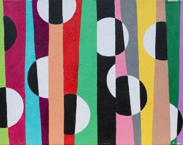 Abstract vertical stripes with black and white circles.