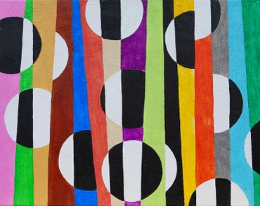 Abstract colorful vertical stripes with black and white circles.