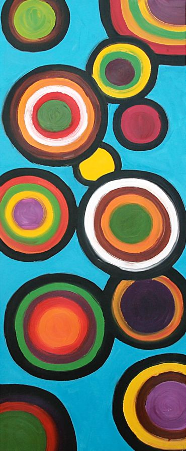 Colorful concentric circles on a bright blue background.