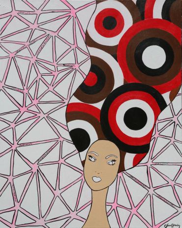 Abstract woman with patterned hair and geometric background.