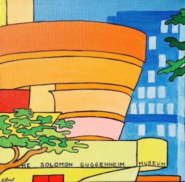 Colorful cartoon painting of the Solomon Guggenheim Museum.