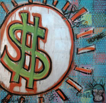 Graffiti of a large green dollar sign inside an orange sun shape.