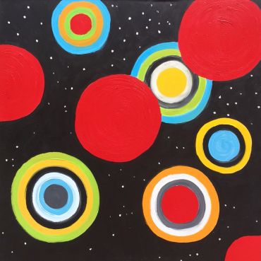 Abstract cosmic painting with colorful concentric circles and red spheres.