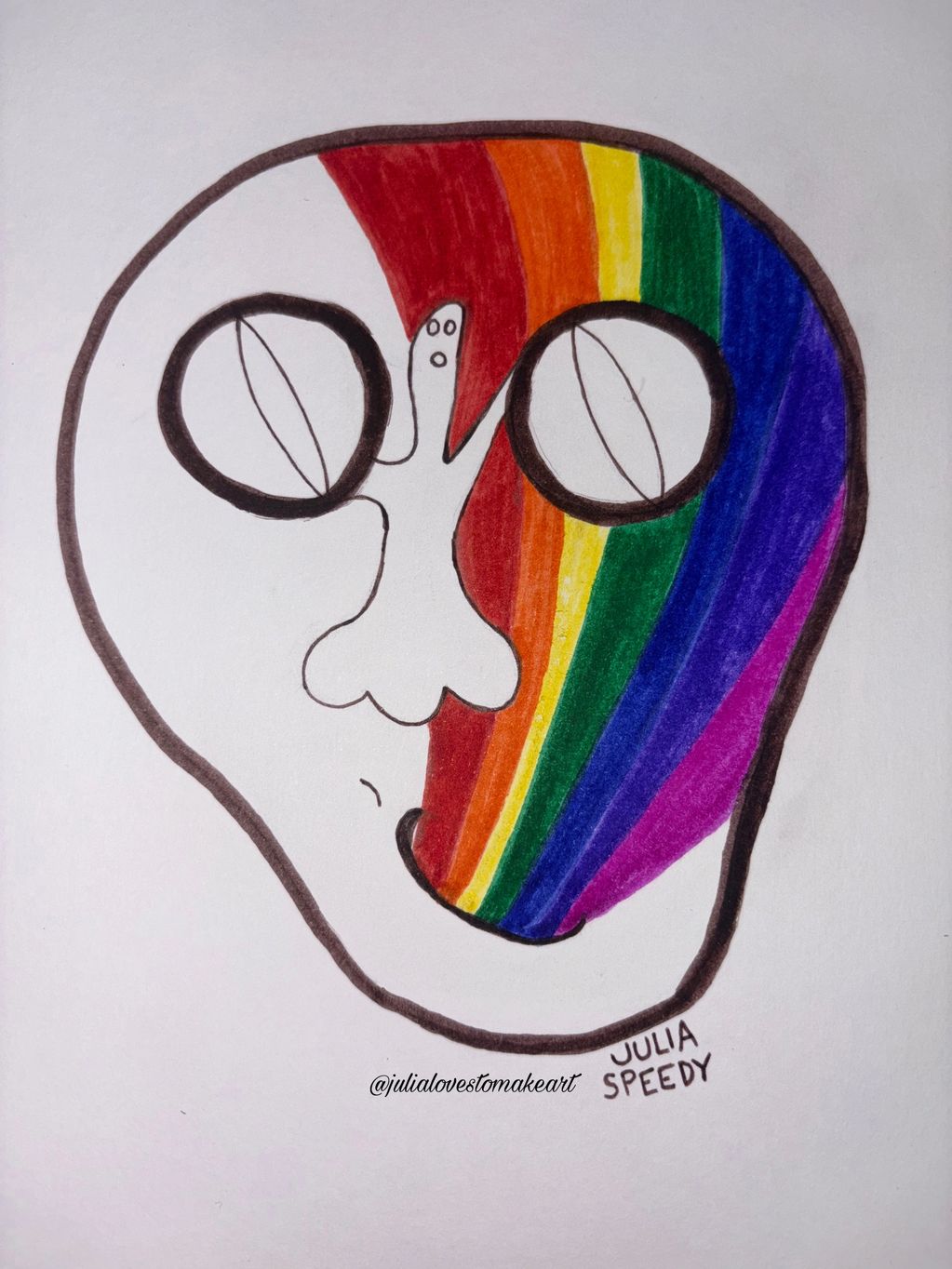Skull with rainbow coming out of the mouth and at the same time a ghost acting as the skull's nose