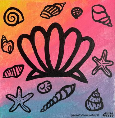 Seashells with black outline in a colorful background