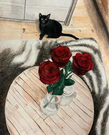 Black cat and roses in a room