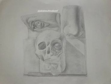 Black & white still life drawing with an eye and nose sitting on top of a block with a skull