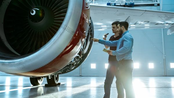 Two aircraft mechanics inspect a jet engine in a hangar