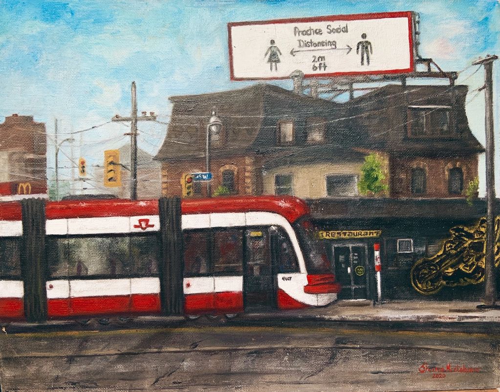 Original oil painting of new Toronto TTC streetcar against 19th century buildings with COVID 19 bill