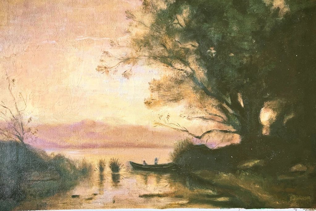 Oil painting by Canadian artist, Sharon Kretchmar of dreamy sunset after Corot master.