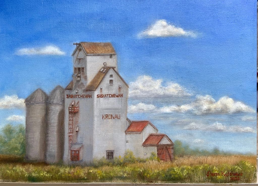 Original oil painting by Canadian artist, Sharon Kretchmar, of Saskatchewan grain elevator against a